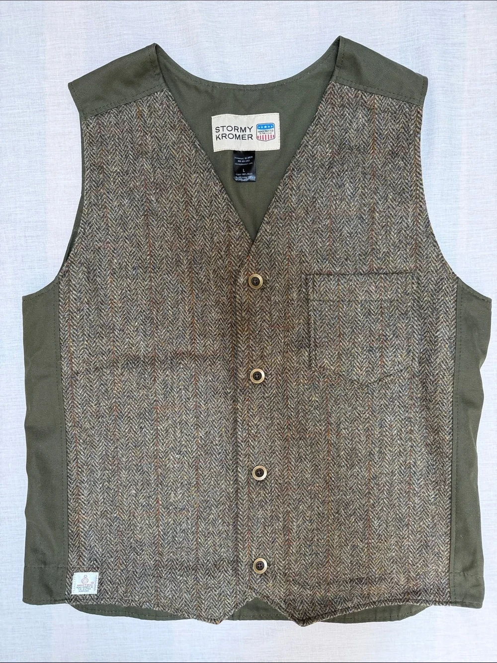 Stormy Kromer Harris Wool Tweed Uptown Herringbone Men's Vest Olive & Brown Sz L